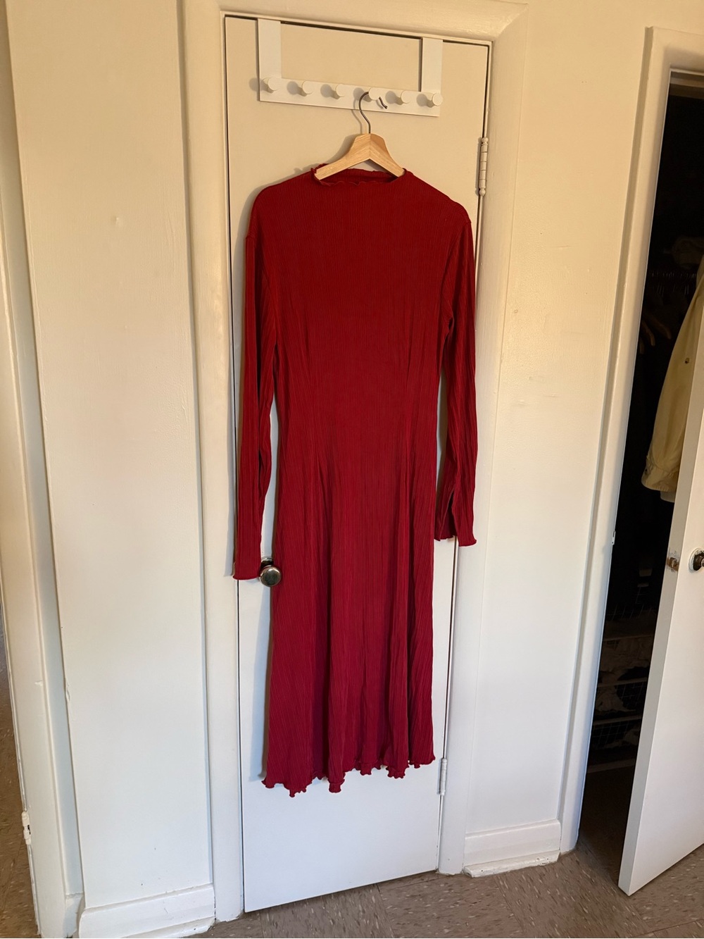 KOTN Long Sleeve Ribbed Crimson Midi Dress
